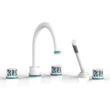 Phylrich 222-48-050X049 - Satin White Jolie 5-Hole Deck Tub Filler With Gooseneck Spout, Round Cutaway Handles, And Turquois