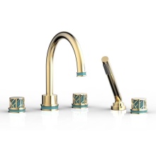 Phylrich 222-48/004X049 - Satin Brass Jolie 5-Hole Deck Tub Filler With Gooseneck Spout, Round Cutaway Handles, And Turquois