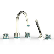 Phylrich 222-48/015X049 - Satin Nickel Jolie 5-Hole Deck Tub Filler With Gooseneck Spout, Round Cutaway Handles, And Turquoi