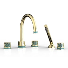 Phylrich 222-48/003X049 - Polished Brass Jolie 5-Hole Deck Tub Filler With Gooseneck Spout, Round Cutaway Handles, And Turqu