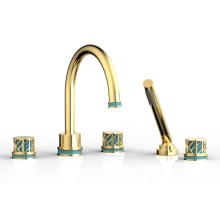 Phylrich 222-48/024X049 - Satin Gold Jolie 5-Hole Deck Tub Filler With Gooseneck Spout, Round Cutaway Handles, And Turquoise