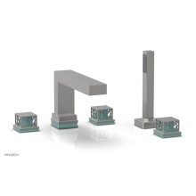 Phylrich 222-49/26DX049 - Satin Chrome Jolie 5-Hole Deck Tub Filler With Rectangular Spout, Square Cutaway Handles, And Turq