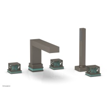 Phylrich 222-49/15AX049 - Pewter Jolie 5-Hole Deck Tub Filler With Rectangular Spout, Square Cutaway Handles, And Turquoise