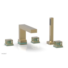 Phylrich 222-49/004X049 - Satin Brass Jolie 5-Hole Deck Tub Filler With Rectangular Spout, Square Cutaway Handles, And Turqu