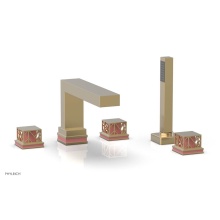 Phylrich 222-49/004X045 - Satin Brass Jolie 5-Hole Deck Tub Filler With Rectangular Spout, Square Cutaway Handles, And Pink