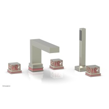 Phylrich 222-49/015X045 - Satin Nickel Jolie 5-Hole Deck Tub Filler With Rectangular Spout, Square Cutaway Handles, And Pink