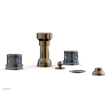 Phylrich 222-60-047X043 - Antique Brass Jolie Four Hole Bidet Set With Spout, Round Cutaway Handles, And Light Blue Accents