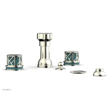 Phylrich 222-60/015X049 - Satin Nickel Jolie Four Hole Bidet Set With Spout, Round Cutaway Handles, And Turquoise Accents