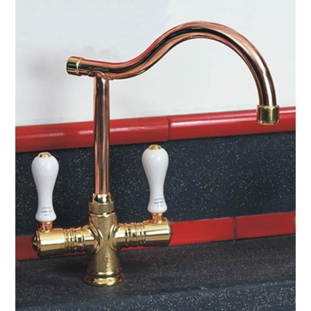 ''Ostende'' Single-Hole Mixer in Wooden Handles, Polished Copper and Brass