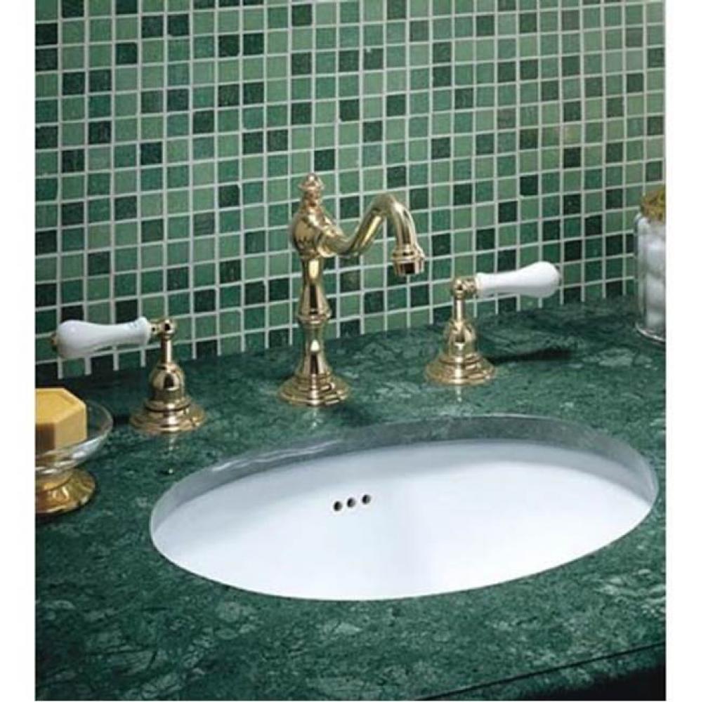 ''Royale'' Widespread Lavatory Set with White Ceramic Handles in French Weathe