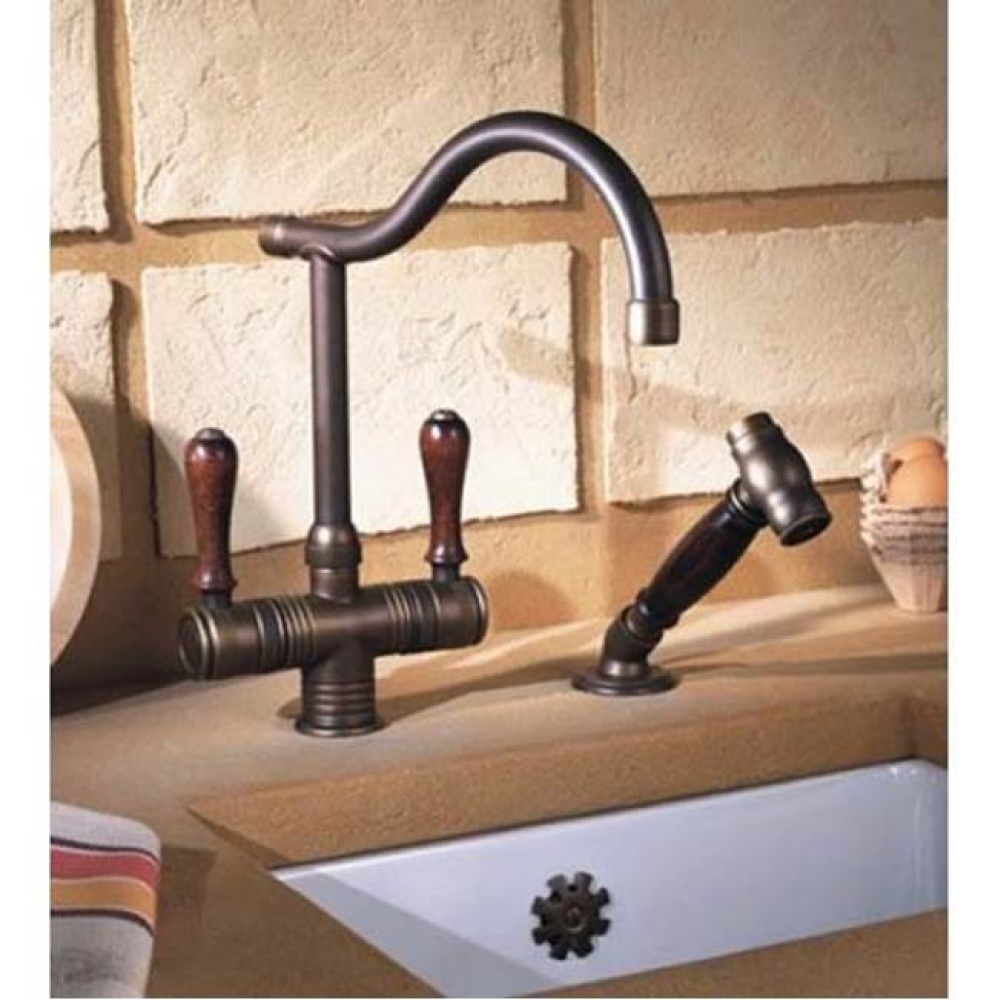 ''Valence'' Single-Hole Mixer with Handspray in White Handles, Weathered Coppe