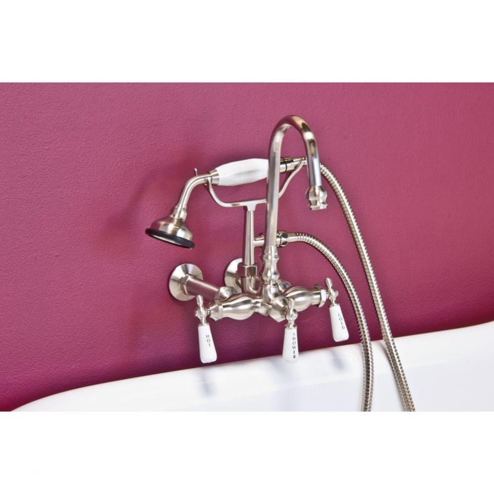 Chrome Wall Mount Gooseneck Faucet, 3 3/8'' Ctr  W/Handheld Shower, Includes