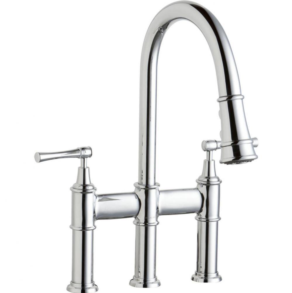 Explore Three Hole Bridge Faucet with Pull-down Spray and Lever Handles Chrome
