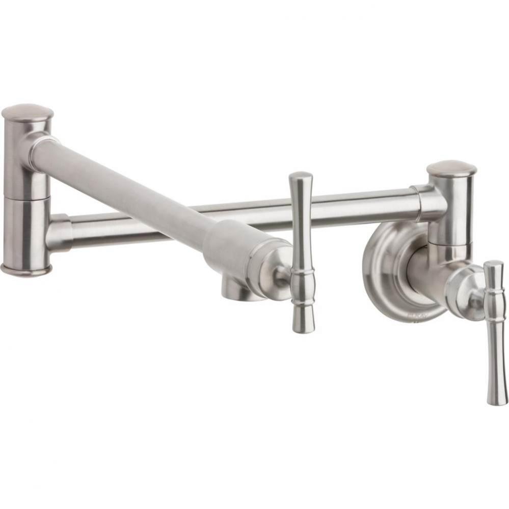 Explore Wall Mount Single Hole Pot Filler Kitchen Faucet with Lever Handles Lustrous Steel