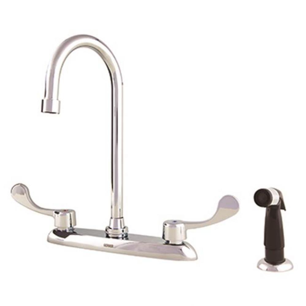 Commercial 2H Kitchen Faucet w/ Gooseneck Spout Wrist Blade Handles Spray & Color-Coded Handle