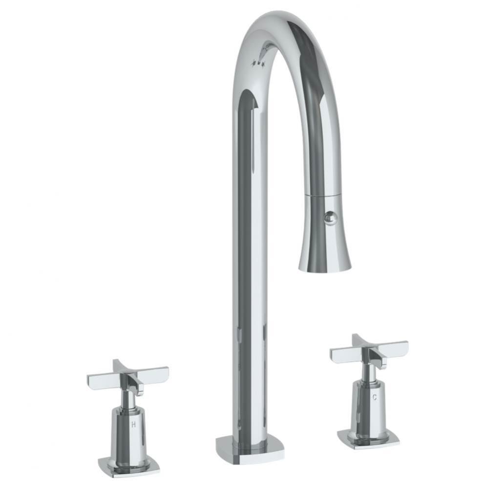 3 Hole Gooseneck Prep Faucet w Pull Down Spray Deck Mount