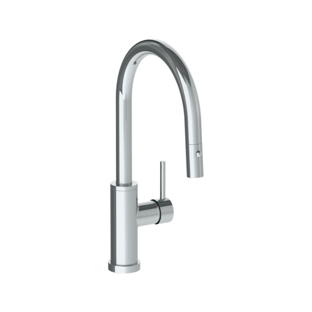Deck Mounted 1 Hole Gooseneck Kitchen Faucet with Pull Down Spray - Low Spout