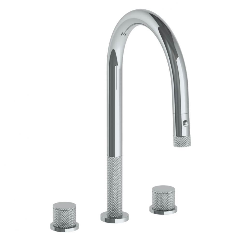 Deck Mounted 3 Hole Gooseneck Kitchen Faucet with Pull Down Spray