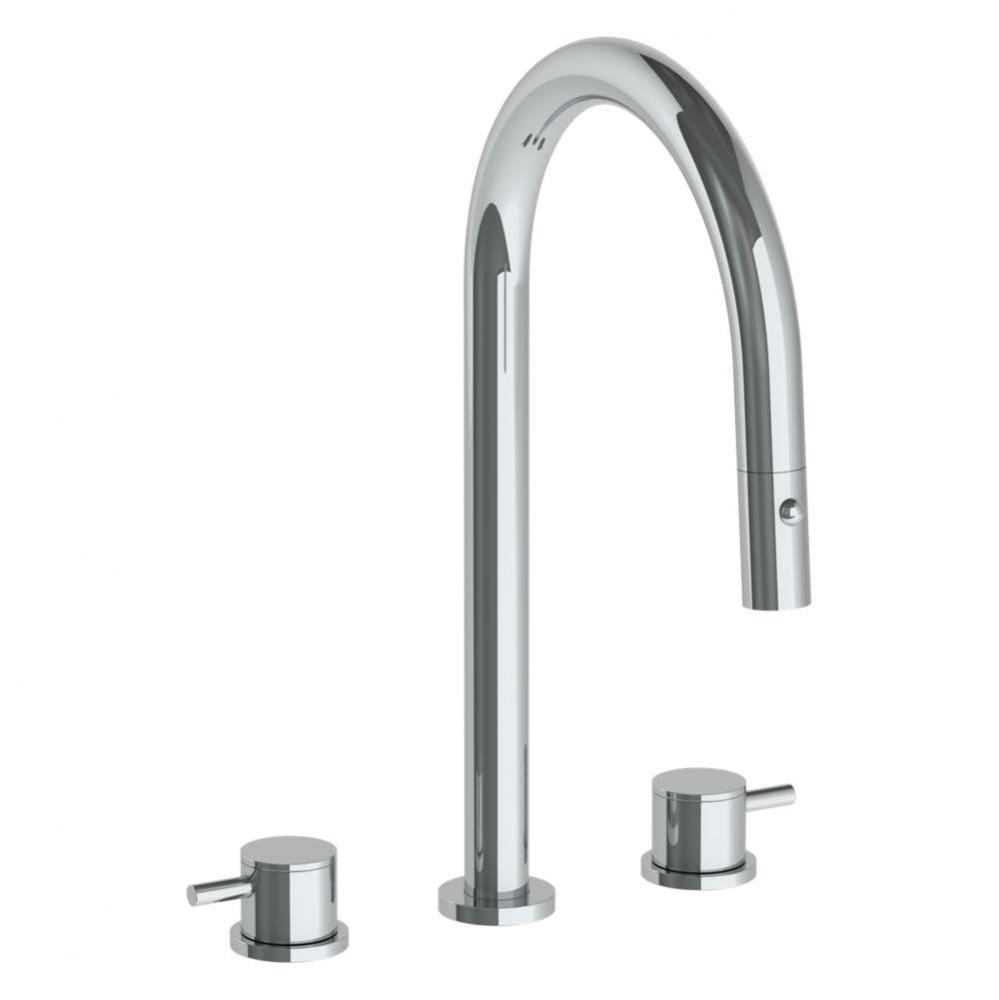 Deck Mounted 3 Hole Gooseneck Kitchen Faucet with Pull Down Spray