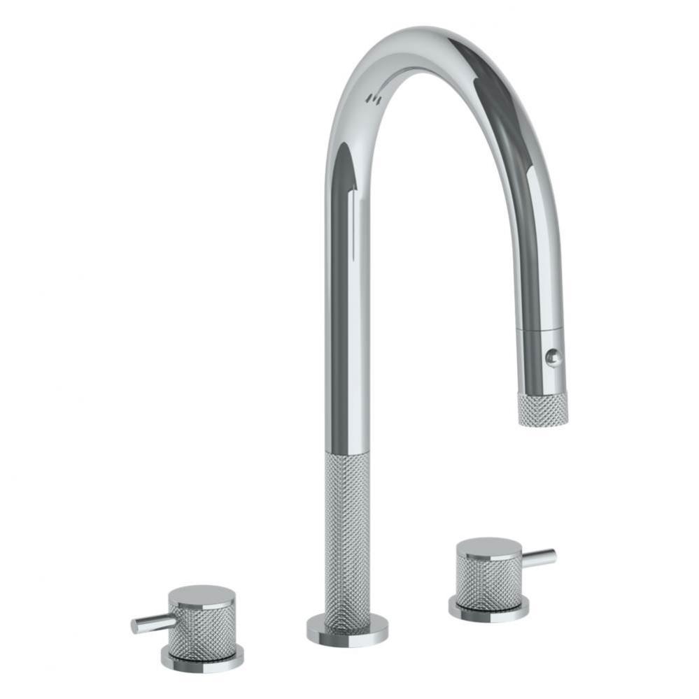 Deck Mounted 3 Hole Gooseneck Kitchen Faucet with Pull Down Spray