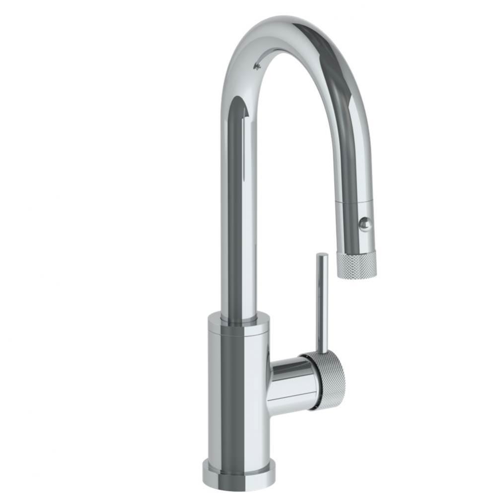 Deck Mounted 1 Hole Gooseneck Prep Faucet with Pull Down Spray