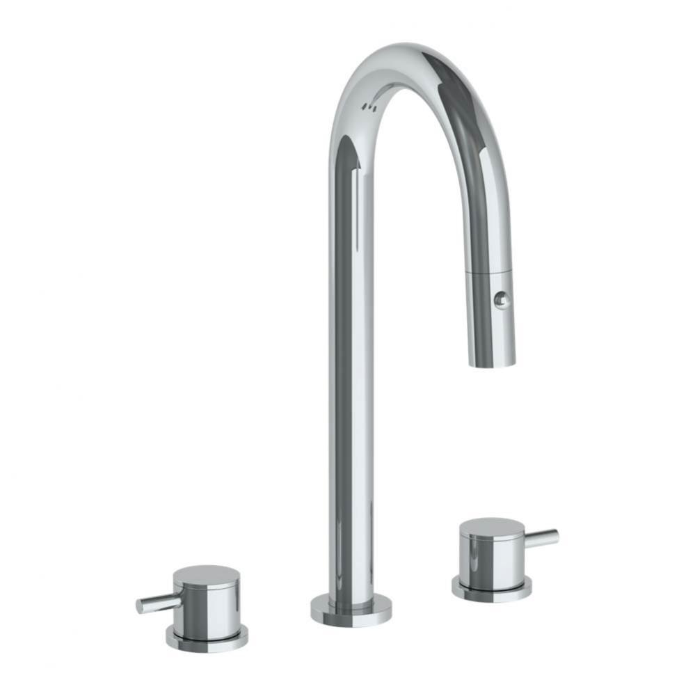 Deck Mounted 3 Hole Gooseneck Prep Faucet with Pull Down Spray