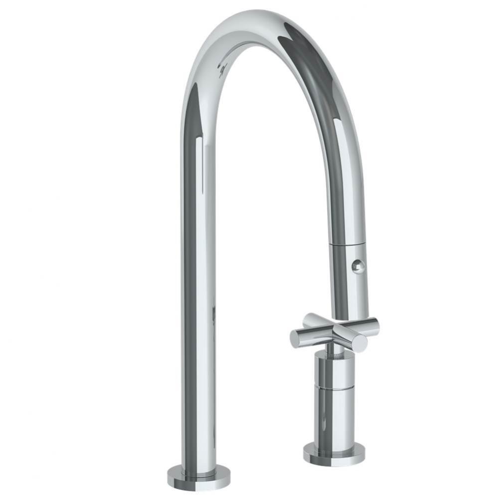 Deck Mounted 2 Hole Gooseneck Kitchen Faucet with Pull Down Spray