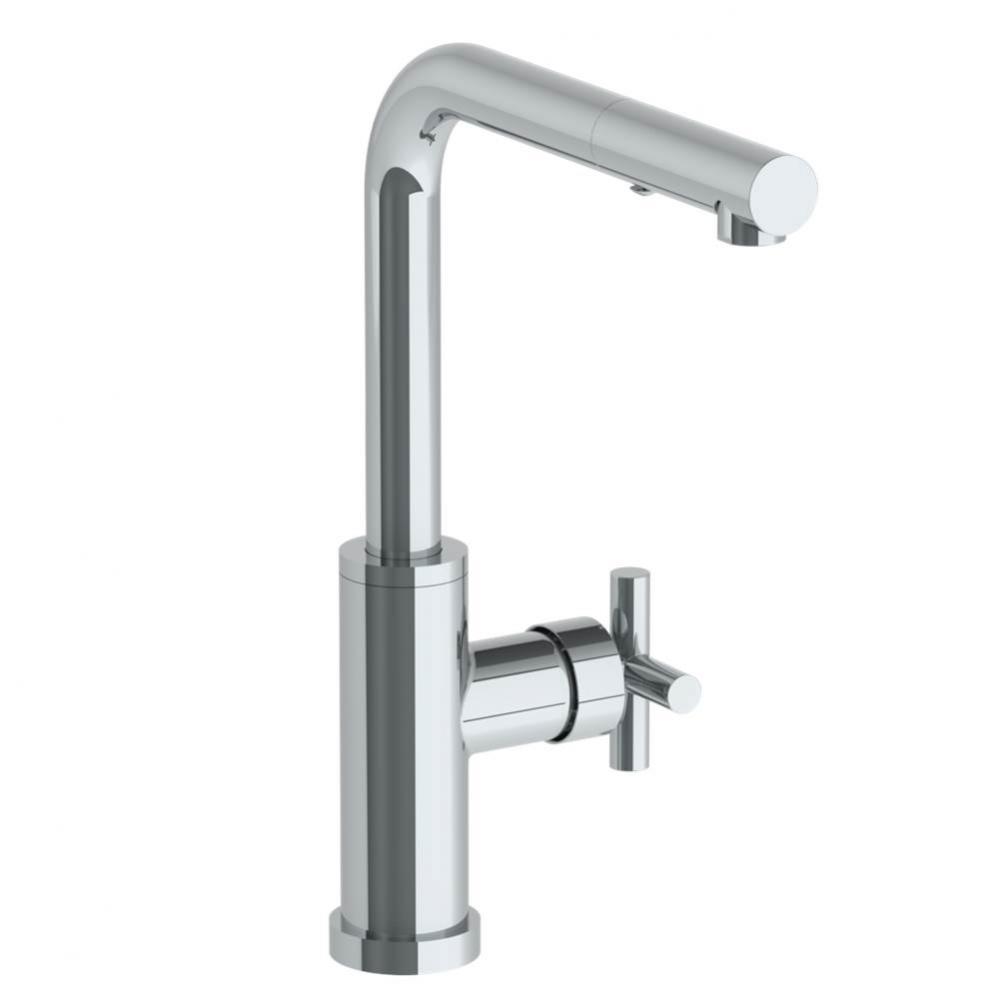 Deck Mounted 1 Hole Square Top Kitchen Faucet with Pull Out Spray -Low Spout