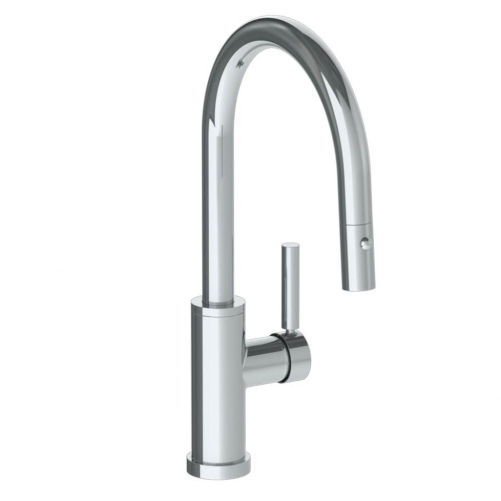 Deck Mounted 1 Hole Gooseneck Kitchen Faucet with Pull Down Spray - Low Spout