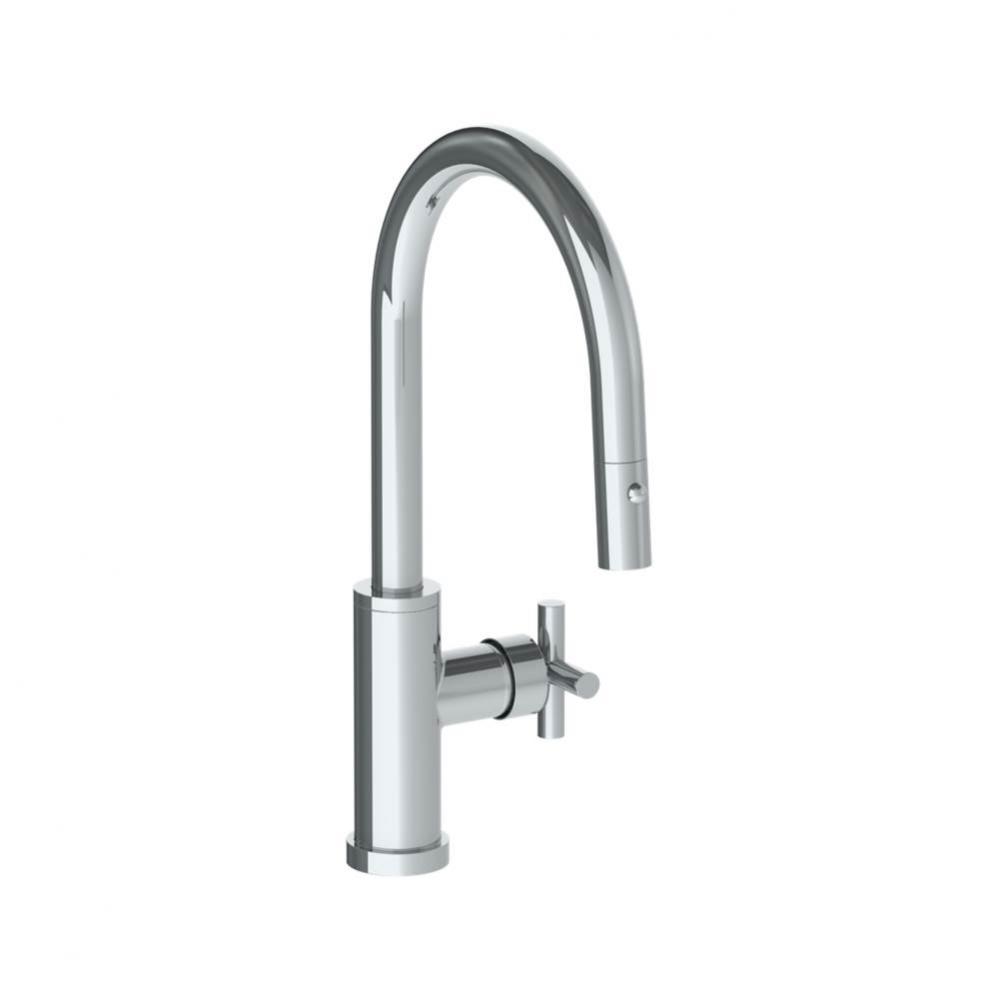 Deck Mounted 1 Hole Gooseneck Kitchen Faucet with Pull Down Spray - Low Spout
