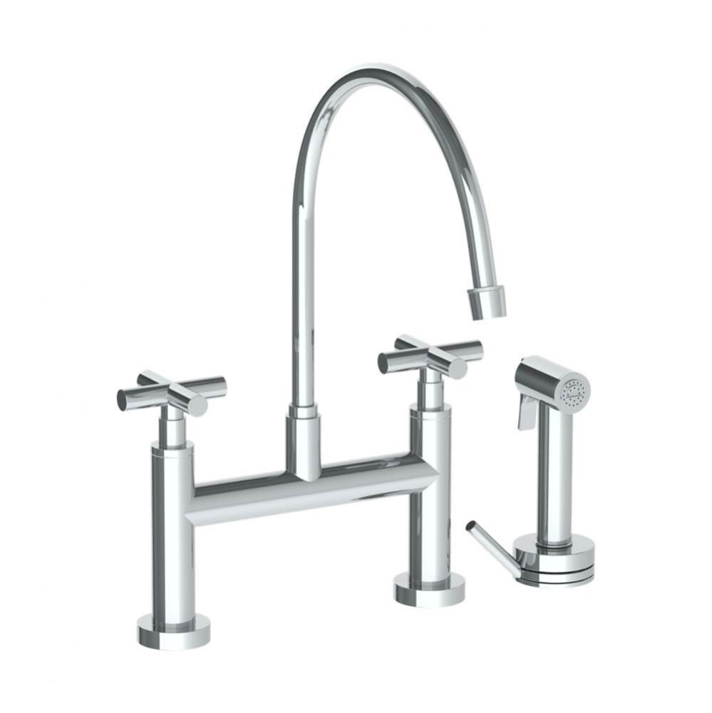Deck Mounted Bridge Extended Gooseneck Kitchen Faucet with Independent Side Spray