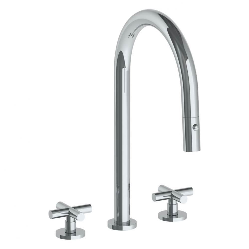 Deck Mounted 3 Hole Gooseneck Kitchen Faucet with Pull Down Spray