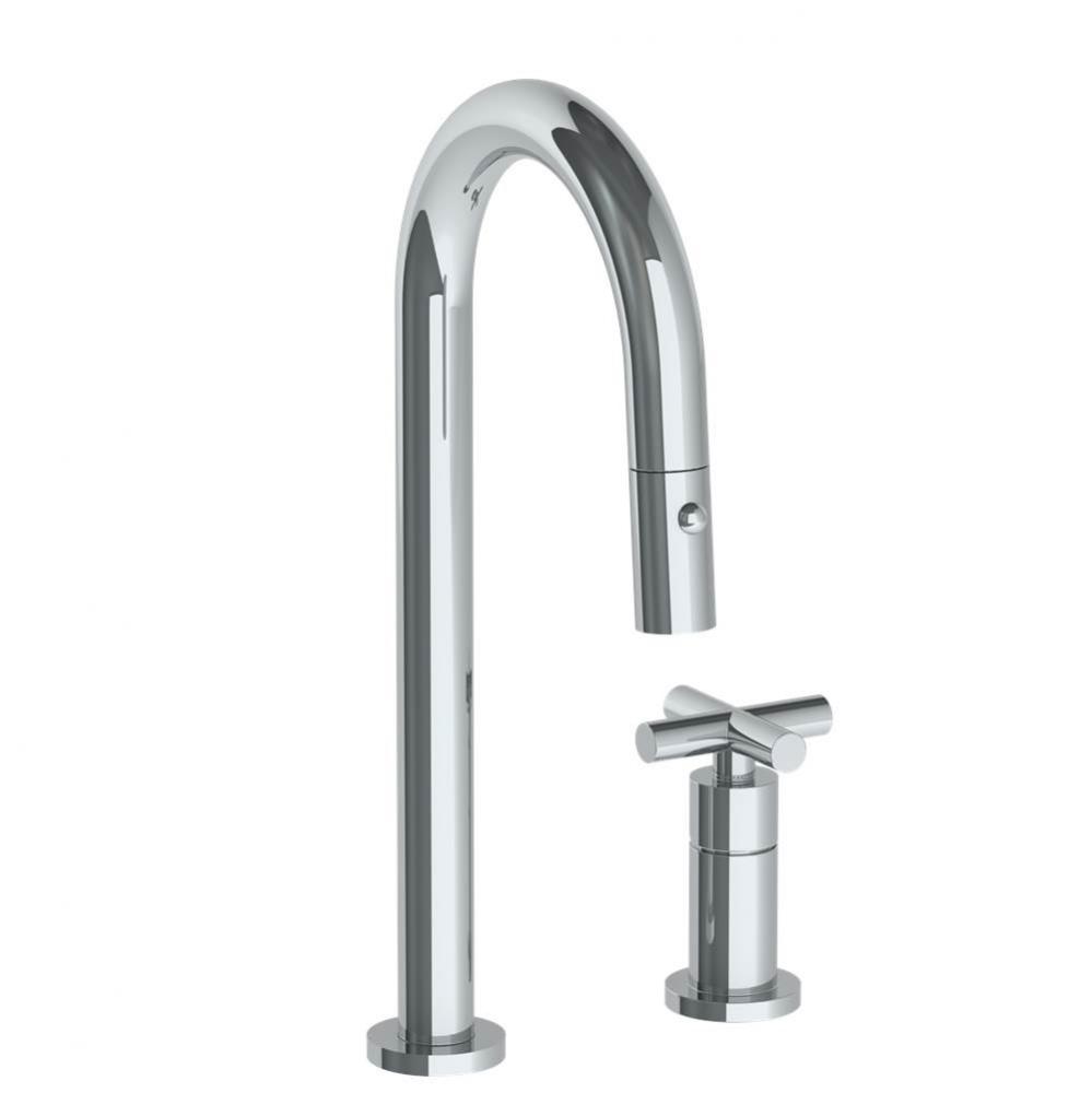 Deck Mounted 2 Hole Gooseneck Prep Faucet with Pull Down Spray