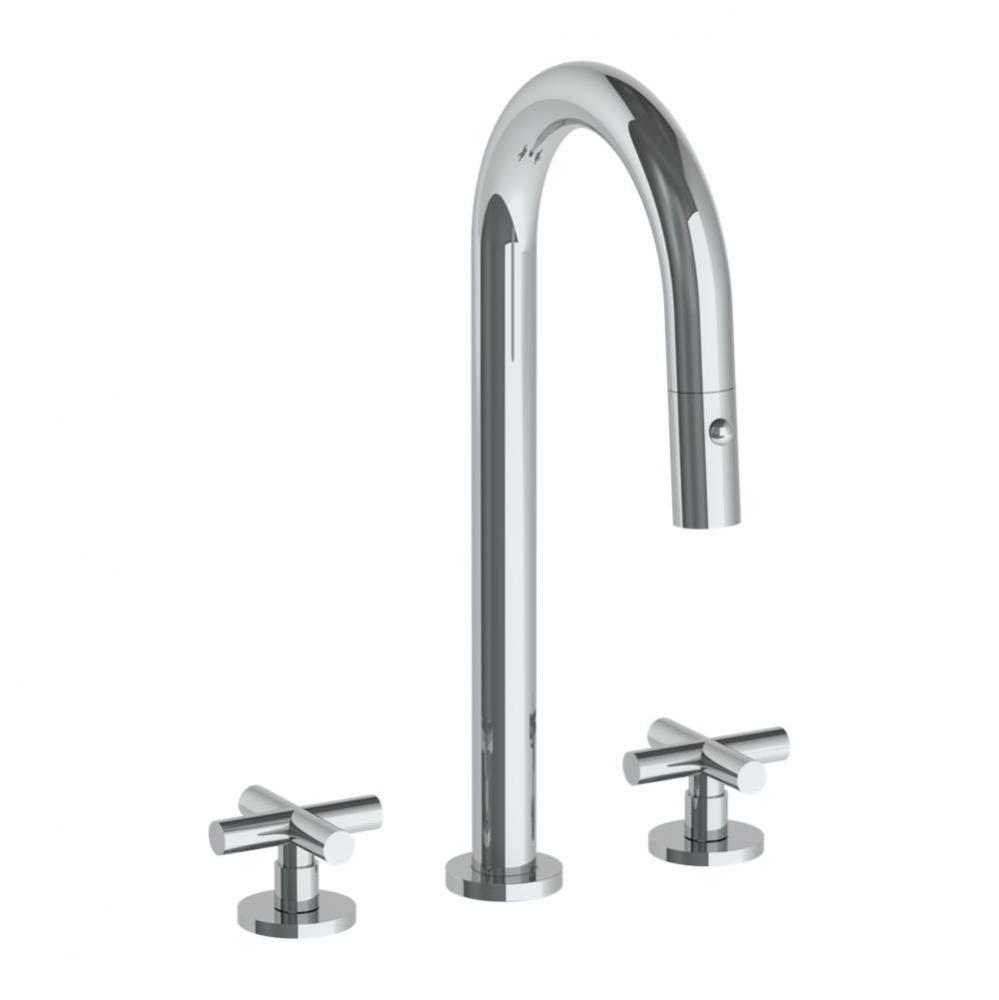 Deck Mounted 3 Hole Gooseneck Prep Faucet with Pull Down Spray