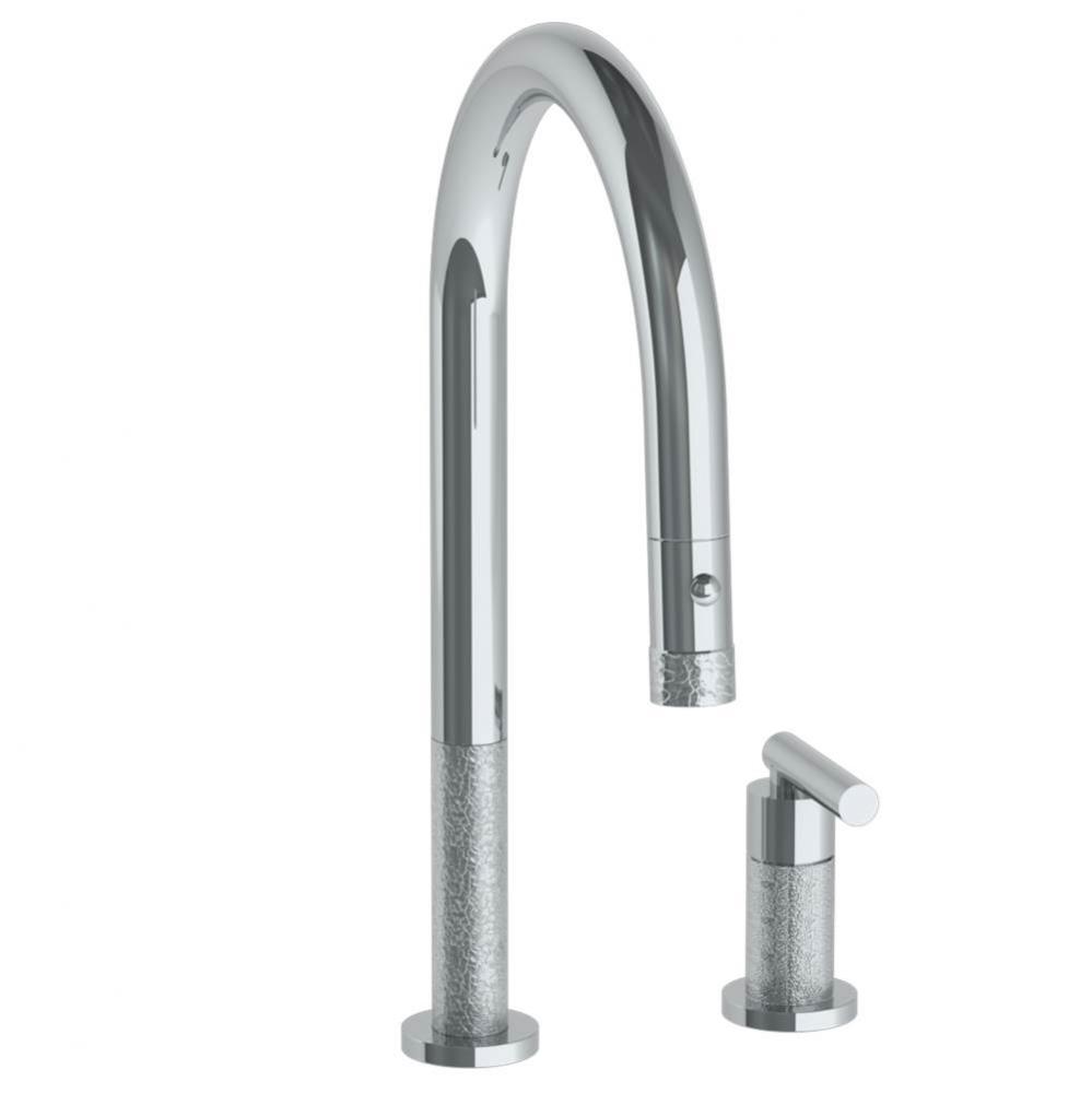 Deck Mounted 2 Hole Gooseneck Kitchen Faucet with Pull Down Spray