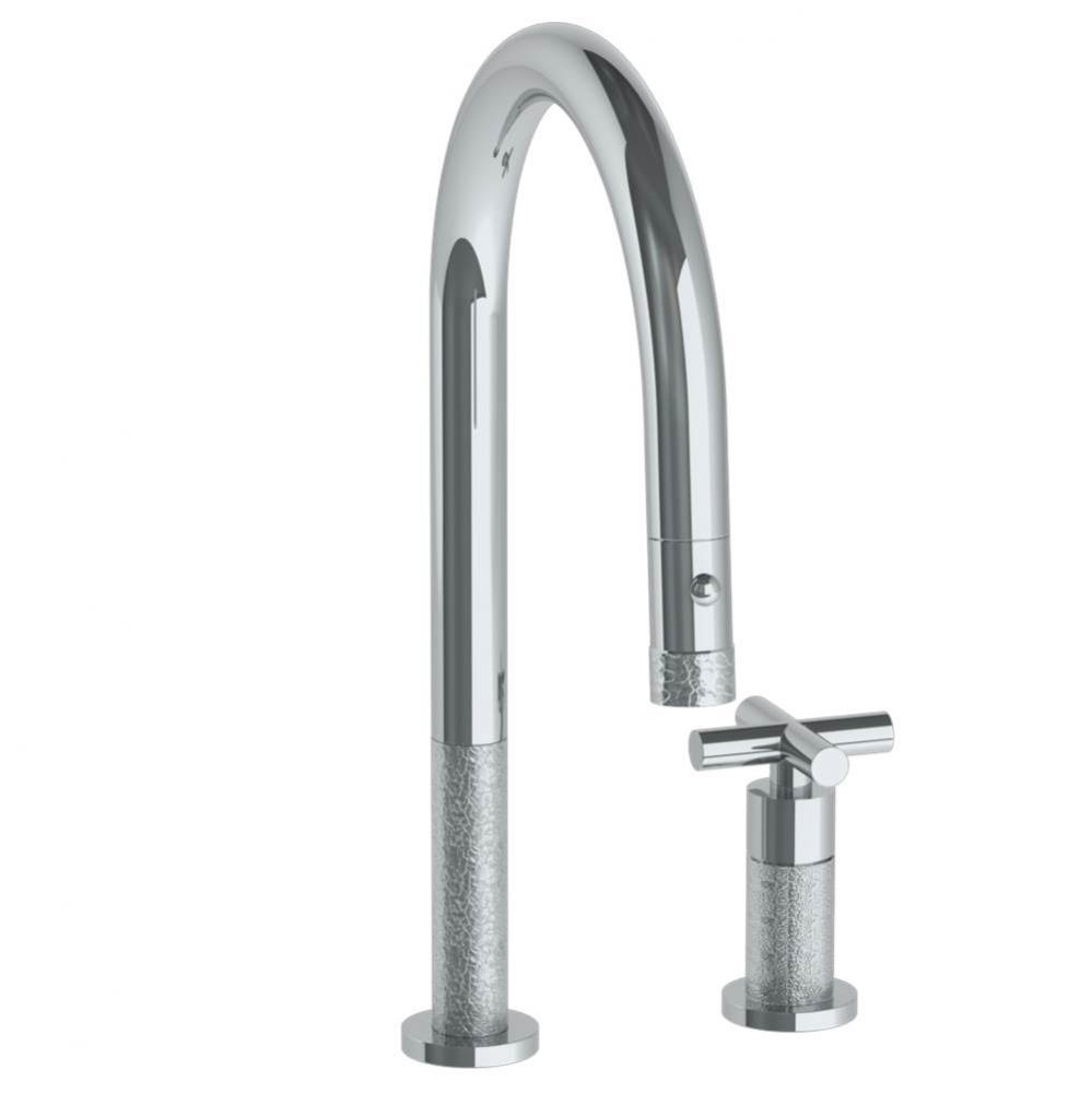 Deck Mounted 2 Hole Gooseneck Kitchen Faucet with Pull Down Spray