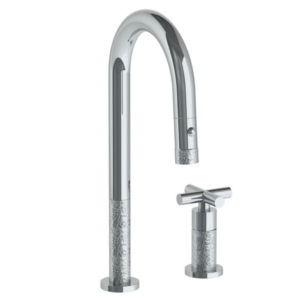 Deck Mounted 2 Hole Gooseneck Prep Faucet with Pull Down Spray