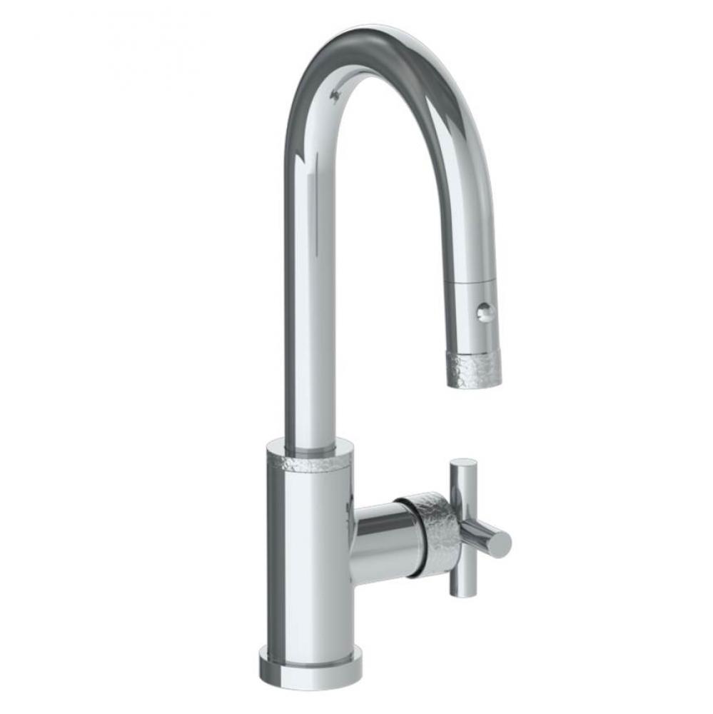 Deck Mounted 1 Hole Gooseneck Prep Faucet with Pull Down Spray