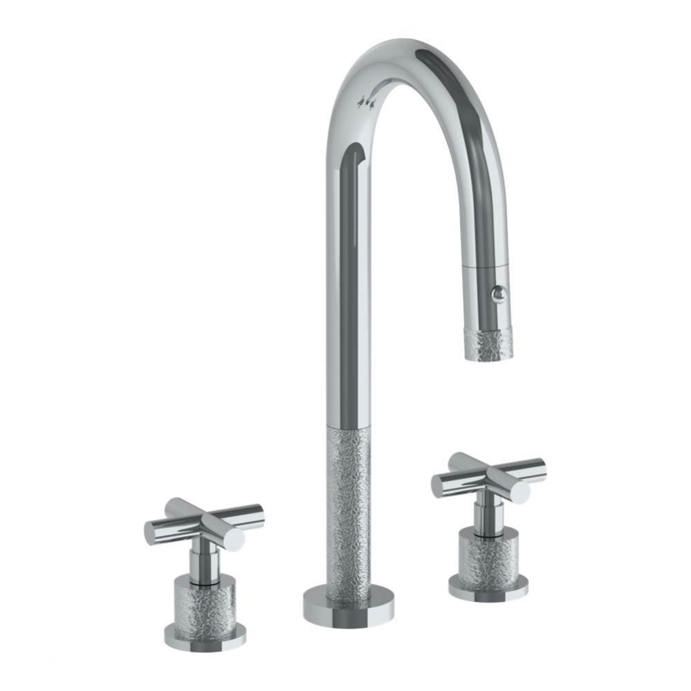 Deck Mounted 3 Hole Gooseneck Prep Faucet with Pull Down Spray