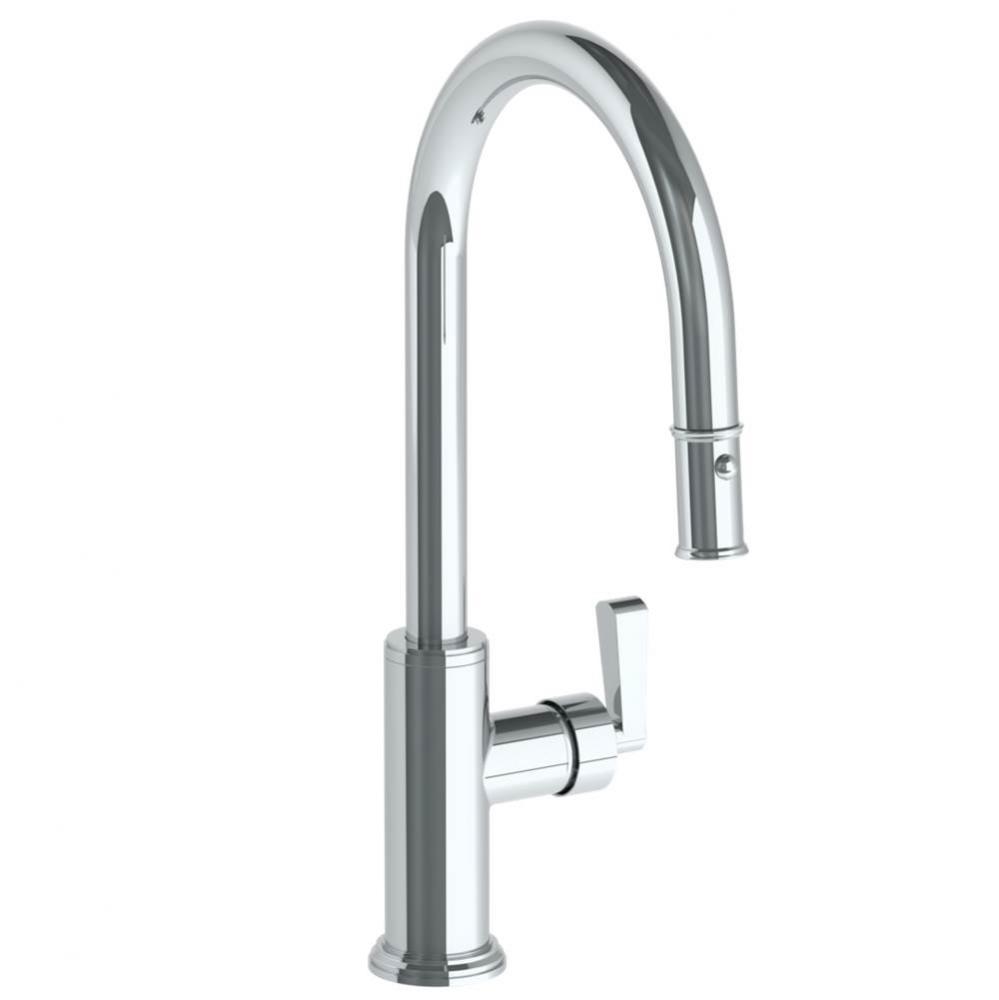 Deck Mounted 1 Hole Gooseneck Kitchen Faucet with Pull Down Spray - High Spout