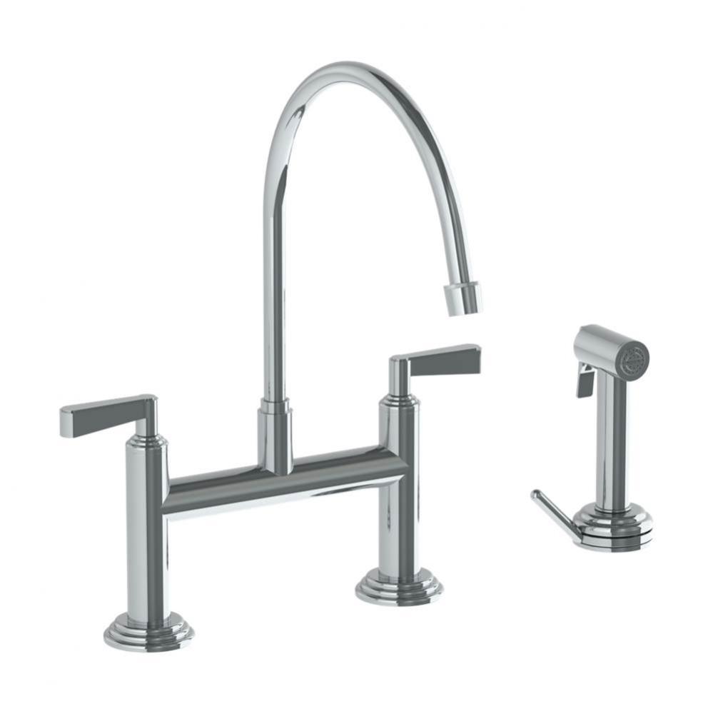 Deck Mounted Bridge Kitchen Faucet with Extended Spout and with Independent Side Spray