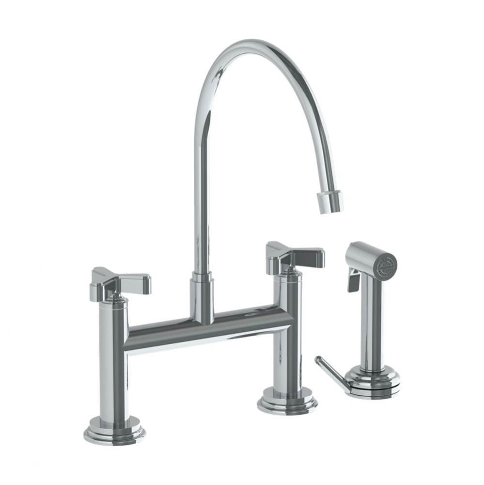 Deck Mounted Bridge Kitchen Faucet with Extended Spout and Independent Side Spray