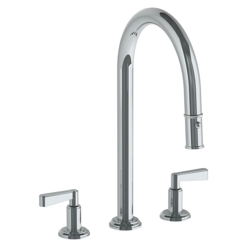 Deck Mounted 3 Hole Gooseneck Kitchen Faucet with Pull Down Spray