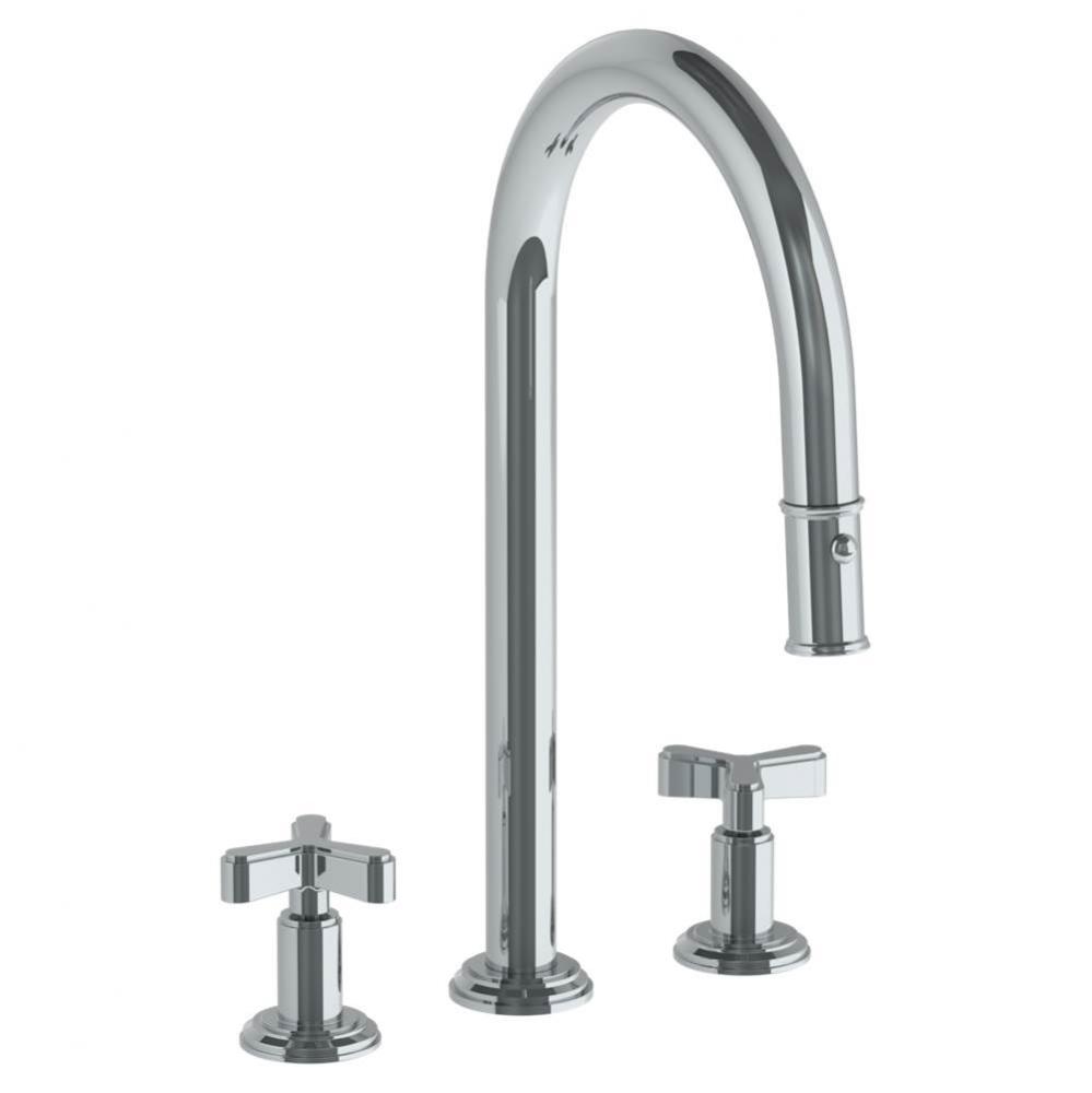 Deck Mounted 3 Hole Gooseneck Kitchen Faucet with Pull Down Spray