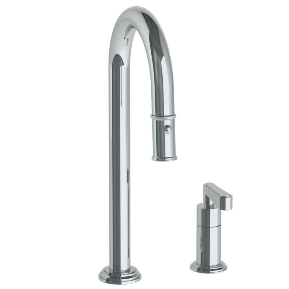 Deck Mounted 2 Hole Gooseneck Prep Faucet with Pull Down Spray