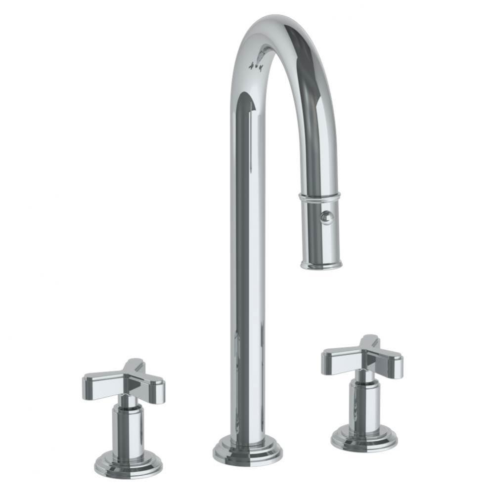 Deck Mounted 3 Hole Gooseneck Prep Faucet with Pull Down Spray