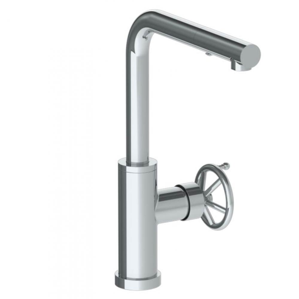 Deck Mounted 1 Hole Square Top Kitchen Faucet with Pull Out Spray -Low Spout