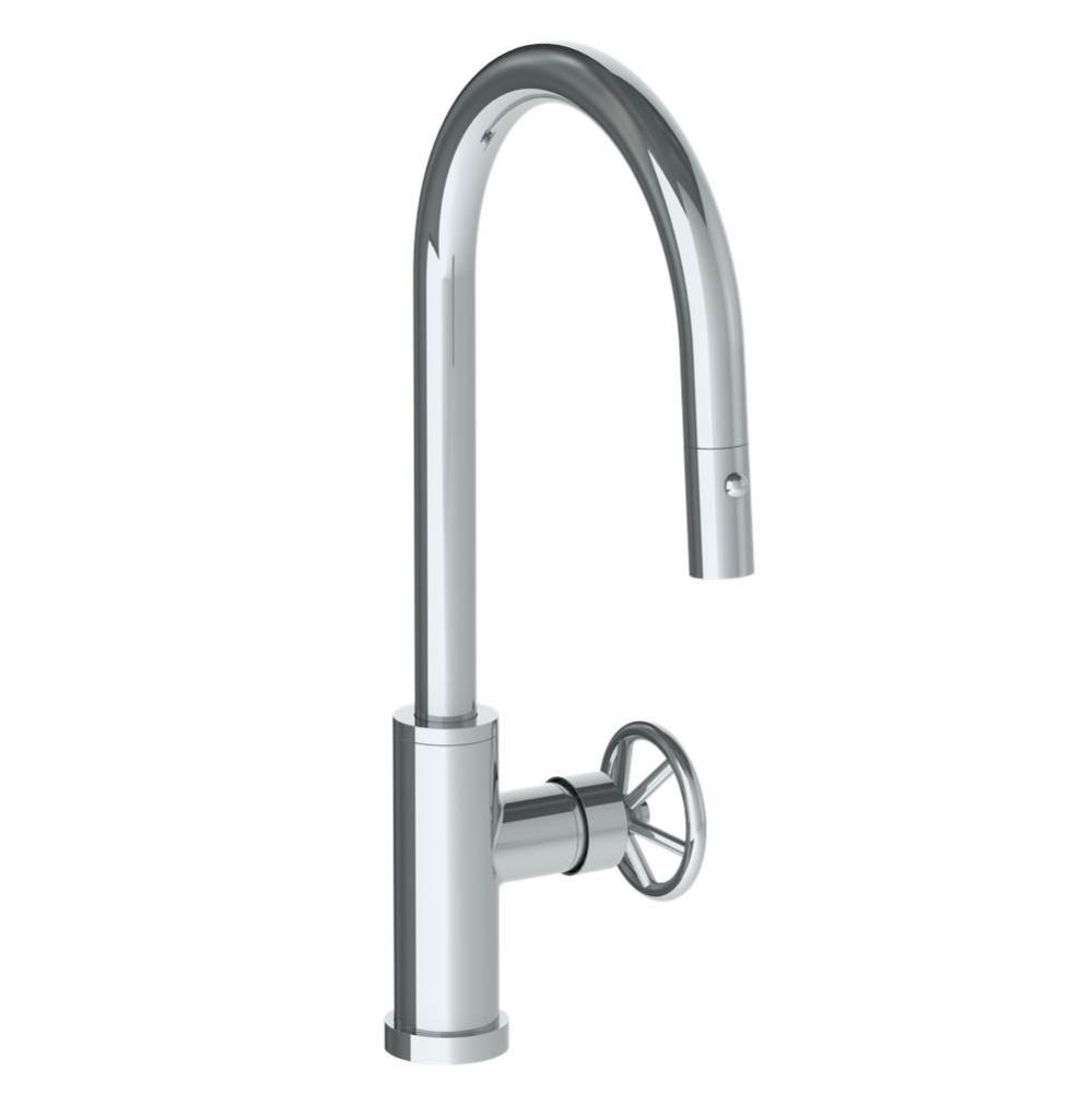 Deck Mounted 1 Hole Gooseneck Kitchen Faucet with Pull Down Spray - High Spout