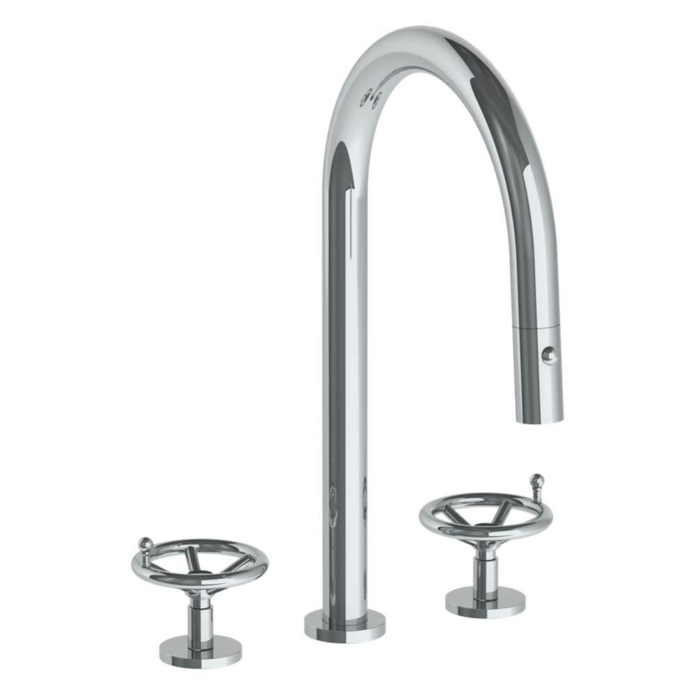 Deck Mounted 3 Hole Gooseneck Kitchen Faucet with Pull Down Spray