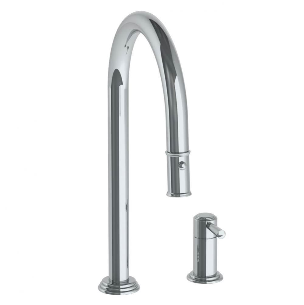 Deck Mounted 2 Hole Gooseneck Kitchen Faucet with Pull Down Spray